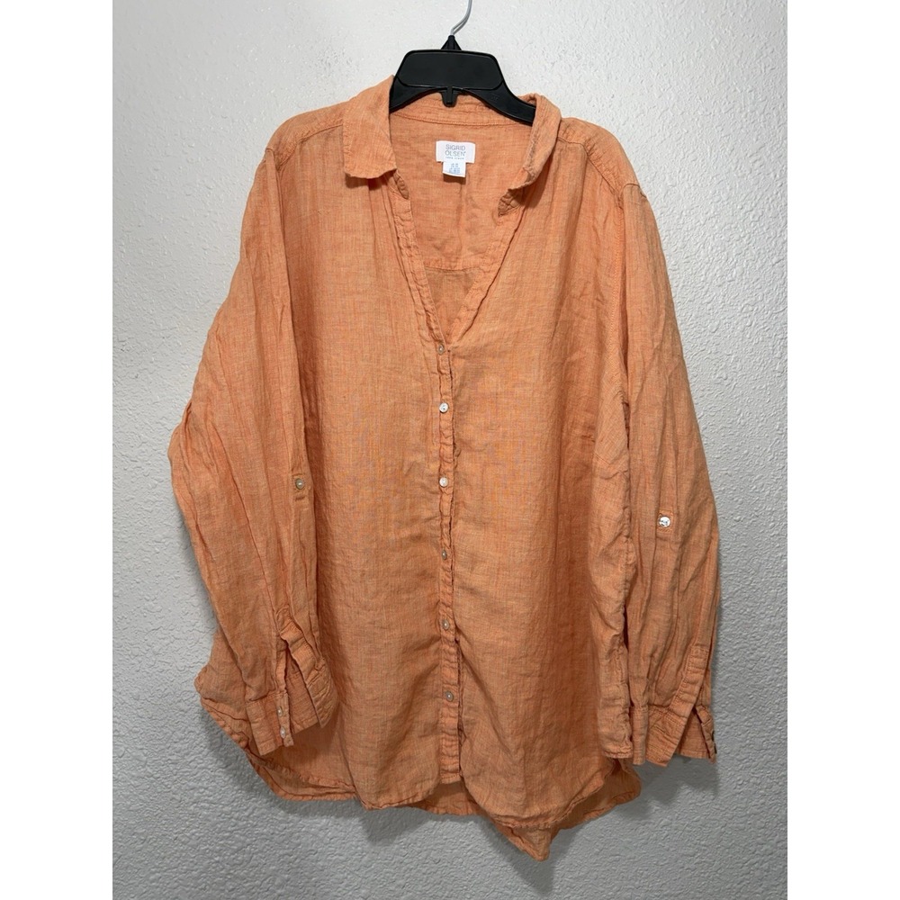 Sigrid Olsen 2X Linen Top Plus Button Down Boho Beach Resort Fall Orange - Picture 2 of 8